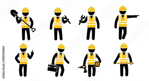 Construction workers icons set: shovel, tools, toolbox, drill, measuring tape, pointing