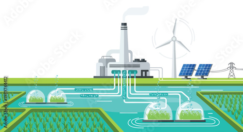 Sustainable energy production with solar wind and advanced agriculture system isolated on white background