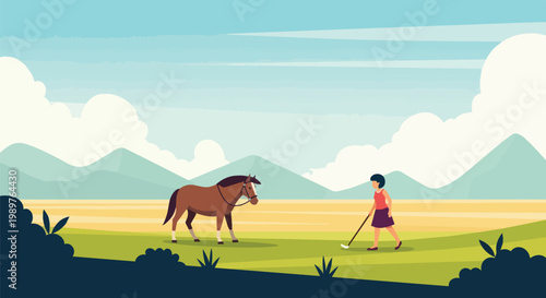 Rider and Horse in a Pastoral Landscape with Mountains