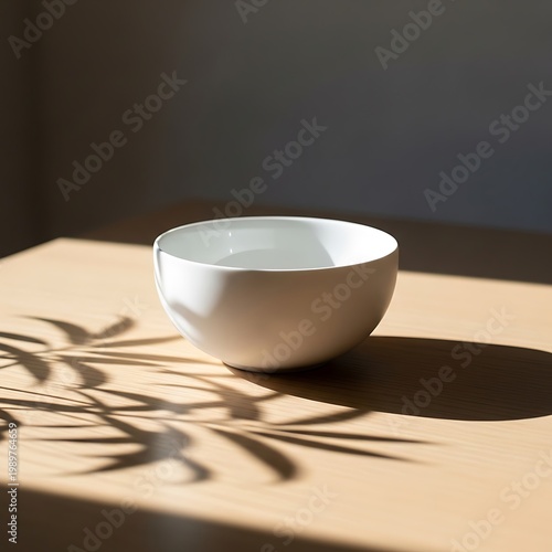 Simple white ceramic container sits on a light wood surface illuminated by strong natural light creating crisp shadows.