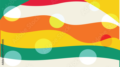 Vibrant abstract background with colorful wavy stripes and translucent polka dots, creating a cheerful and playful retro-inspired design.
