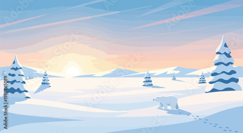 Polar bear walking in snowy landscape at sunrise, arctic winter scene