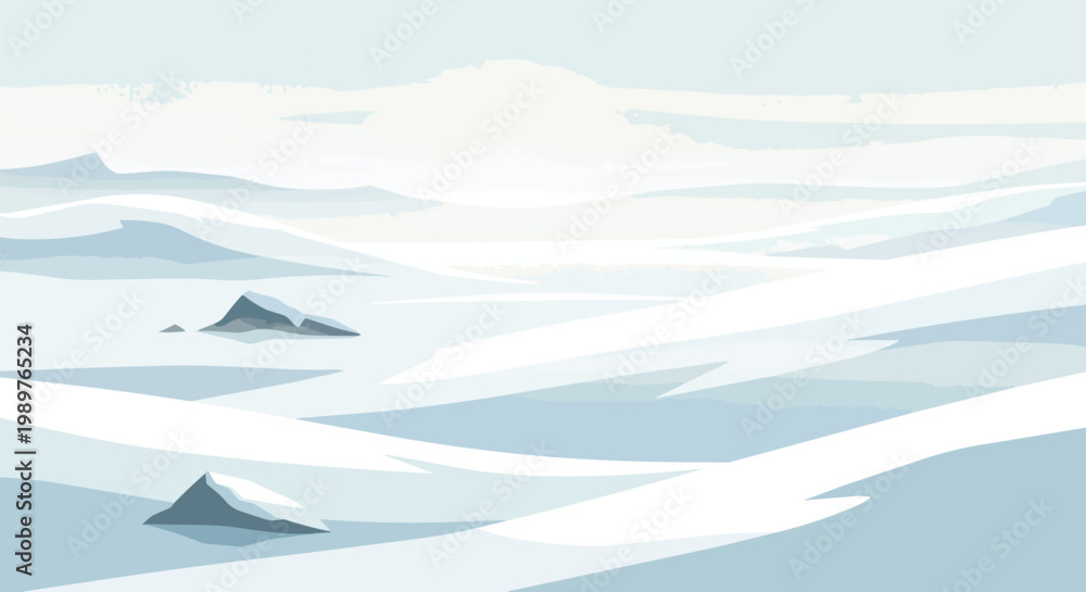 Fototapeta premium Abstract Snowy Landscape with Ice Formations and Mountains in Blue and White Tones