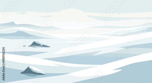 Abstract Snowy Landscape with Ice Formations and Mountains in Blue and White Tones