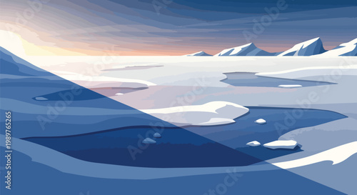 Arctic landscape at sunrise, ice floes and mountains, cold environment, digital art