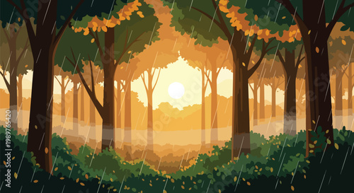 Peaceful Forest Rain at Sunset, Golden Light Through Trees, Misty Atmosphere