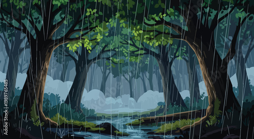 Pixel Art Forest Scene with Rain and Stream