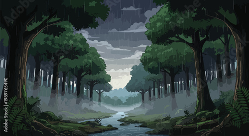 Pixel Art Forest Landscape with Stream and Rain, Moody Atmosphere