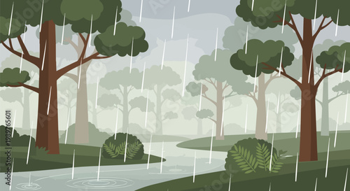 Rainy forest landscape with river and trees, atmospheric weather