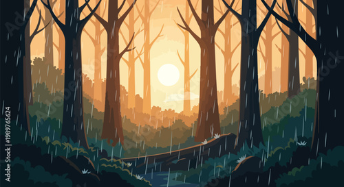 Pixel Art Forest Scene with Rain and Sunset