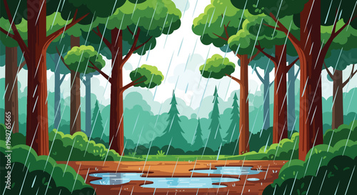 Rainy Forest Scene with Puddles on Ground and Lush Green Trees