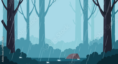 Rainy forest scene with trees, bushes, and a rock. Atmospheric weather illustration.