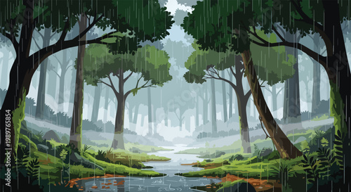 Pixel Art Forest Scene with Rain and Stream