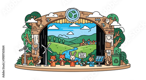 Anthropomorphic animals performing on stage promoting recycling illustration isolated on white background