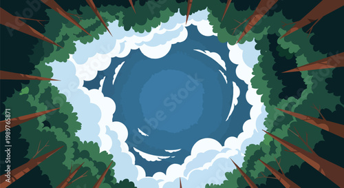 Looking Up Through Forest Canopy to Blue Sky and Clouds