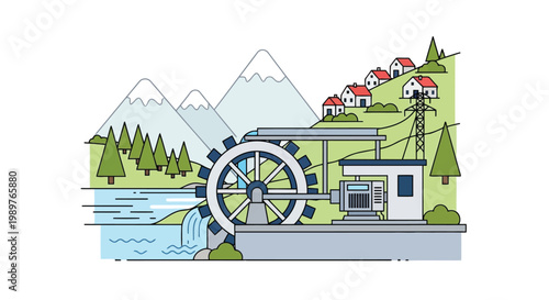 Hydroelectric power station with water wheel generating electricity near village isolated on white background