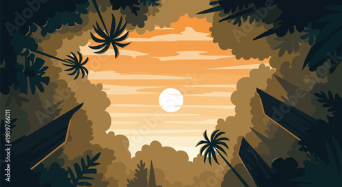 Tropical jungle sunset, vibrant orange sky, palm trees silhouette, lush forest canopy