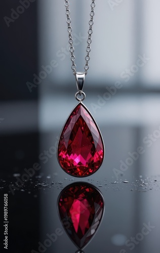 Dazzling deep red teardrop gemstone pendant reflecting on a polished black surface, exuding luxury and timeless elegance
