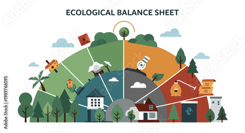 Ecological balance sheet circular diagram with environmental icons isolated on white background