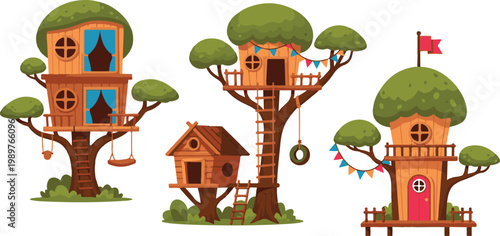 Charming illustrations depict whimsical treehouses nestled amongst lush green foliage and a small cottage