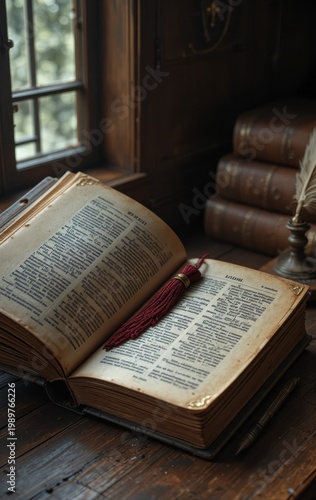 Antique open book with bookmark on a rustic wooden table, conveying knowledge and history