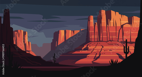 Pixel Art Desert Landscape with Red Rock Formations and Cacti at Dusk
