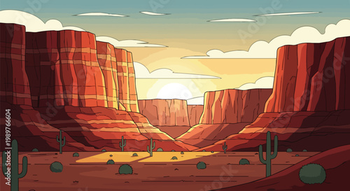 Pixel Art Desert Canyon at Sunset with Cacti and Mountains