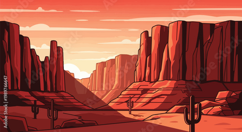 Pixel Art Desert Landscape with Canyons and Cacti at Sunset
