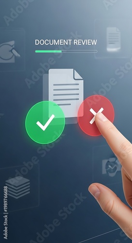 Human finger interacts with digital interface for approving or rejecting a document assessment