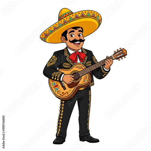 Smiling mexican mariachi man playing guitar, wearing traditional black suit and sombrero, festive cultural illustration 