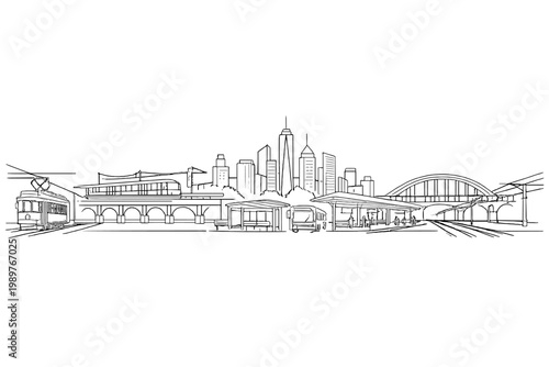 Tram and bus station in front of city skyline and bridge