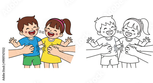 Happy cute cartoon boy and girl laughing while being tickled by adult hands, vector illustration including black and white outline for coloring book page.