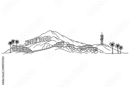 Mountain hill with large lettered sign and scattered houses