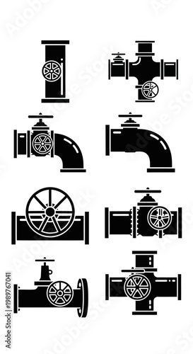 Industrial Pipe Valves Icons Set: Plumbing, Water, Gas, Oil, Flow Control