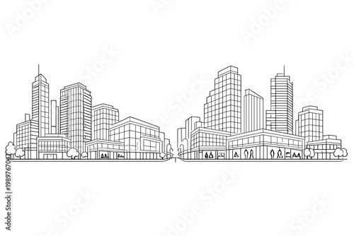 Two rows of city buildings flanking a central street plaza