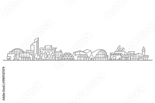 Modern buildings and dome aligned along dark horizon