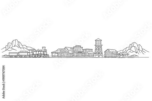 Steam locomotive arriving at small western town near mountain range