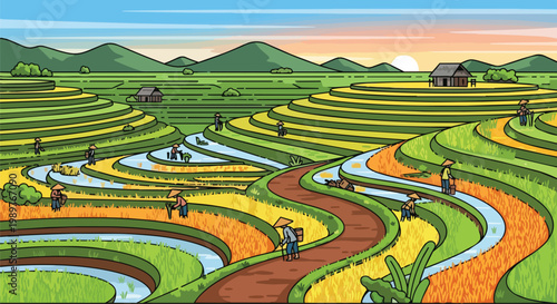 Pixel Art Rice Terraces: Farmers Working in Lush Asian Landscape at Sunset