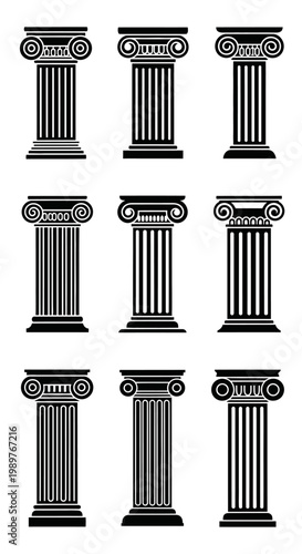 Set of Ionic Columns, Architectural Elements, Greek and Roman Style Pillars