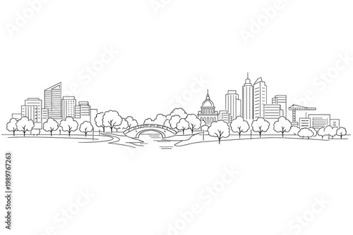 Urban skyline with bridge and park by river line drawing