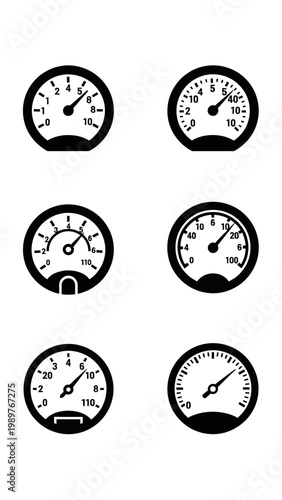 Set of Six Circular Gauges Icons: Pressure, Speed, Temperature, Voltage, Fuel, and More
