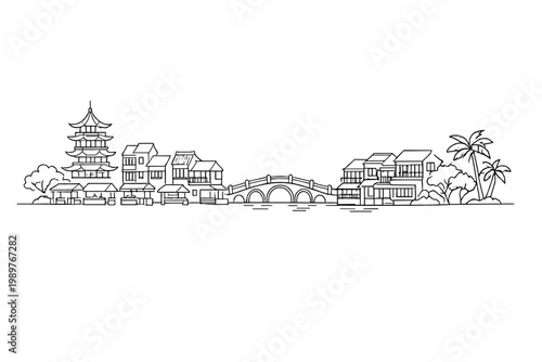 Riverside village with pagoda and arched bridge over river