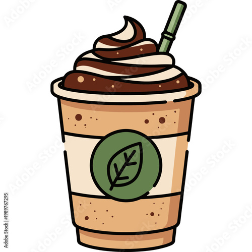 A cartoon illustration of a frothy coffee drink with whipped cream and a straw in a disposable cup on a white background