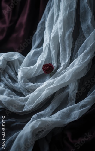 Soft fabric draped elegantly with a single red rosebud, creating a serene and romantic atmosphere