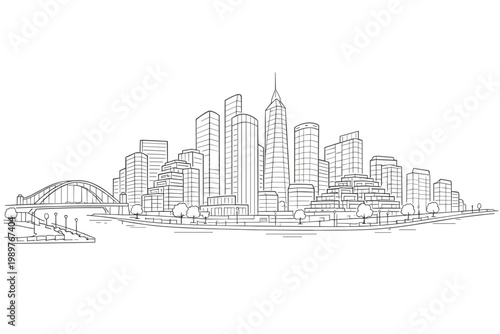 City skyline along waterfront with bridge and riverside promenade