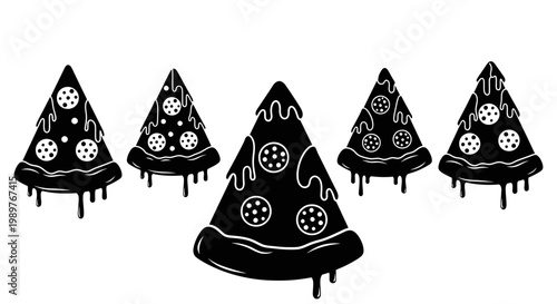 Stylized Slices of Pepperoni Pizza with Dripping Cheese, Black and White Graphic