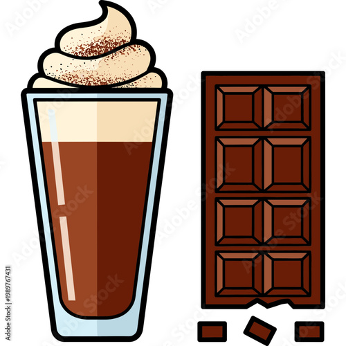 A glass of chocolate milkshake with whipped cream next to a chocolate bar