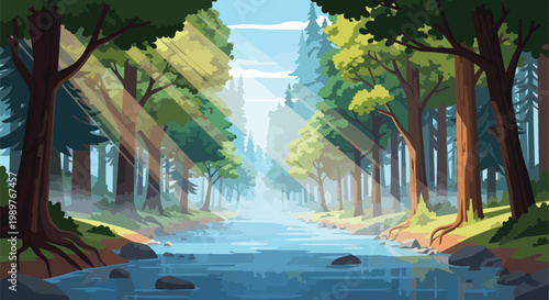 Sunbeams filter through forest canopy onto a calm river, digital art