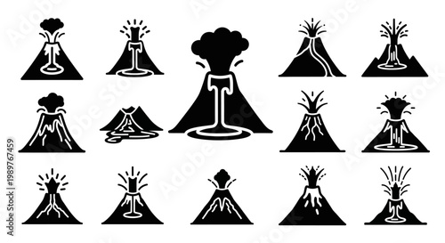 Volcano Eruption Icons Set: Active Lava Flow, Smoke Plumes, and Geological Activity