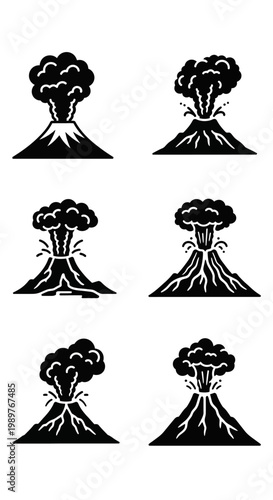 Volcano Eruption Icons: Six Stages of Volcanic Activity and Explosions